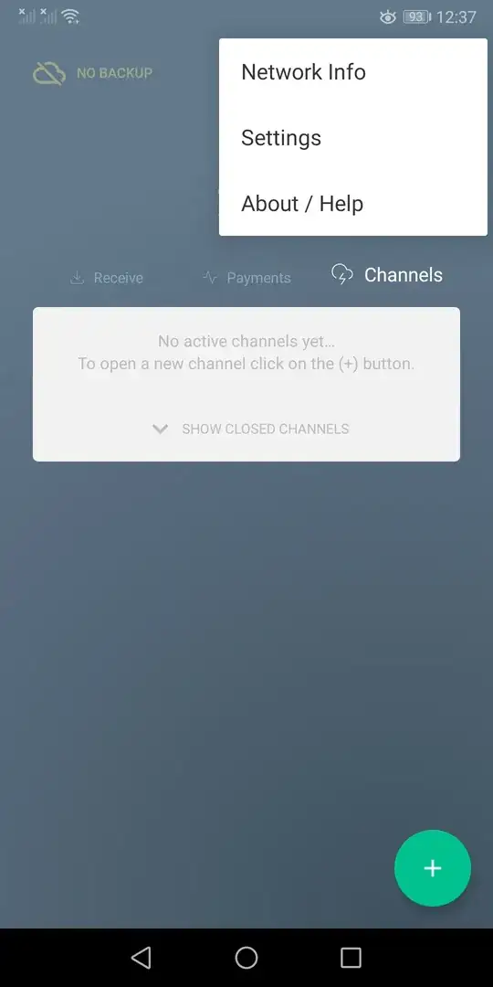 Eclair channels screen with burger menu open