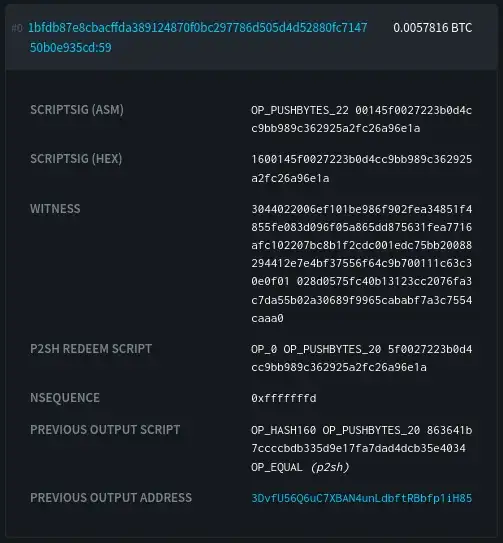 screenshot of details of first transaction input labeling the various parts of the input data