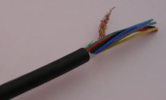 Closeup of cable, with shield twisted to form a wire.
