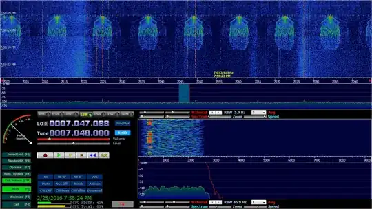 Waterfall of interfering signal, showing signal spreading and "twisting" within repeated patterns