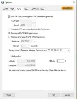 Pinpoint APRS - Options - GPS tab