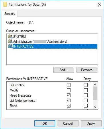 Interactive drive root permissions dialog.