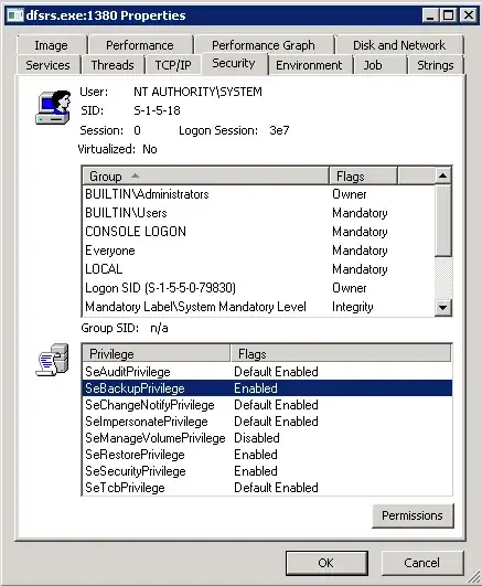 Screenshot of dfsrs.exe permissions
