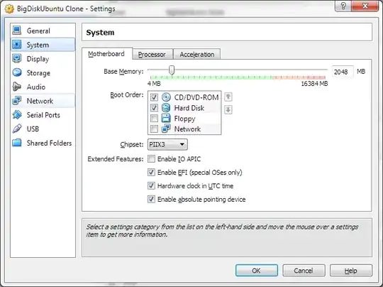 System settings for the Virtualbox VM
