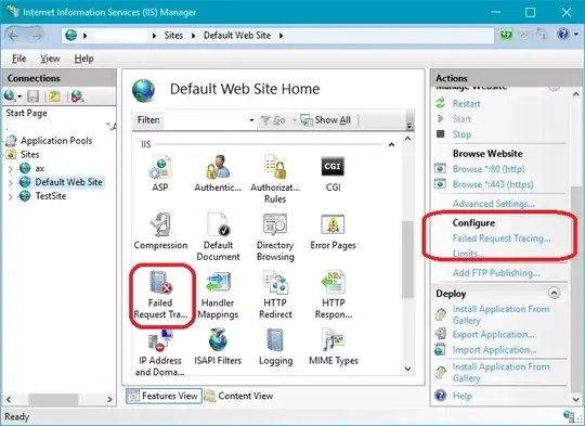 IIS Manager showing FREB Actions pane and Rules icon