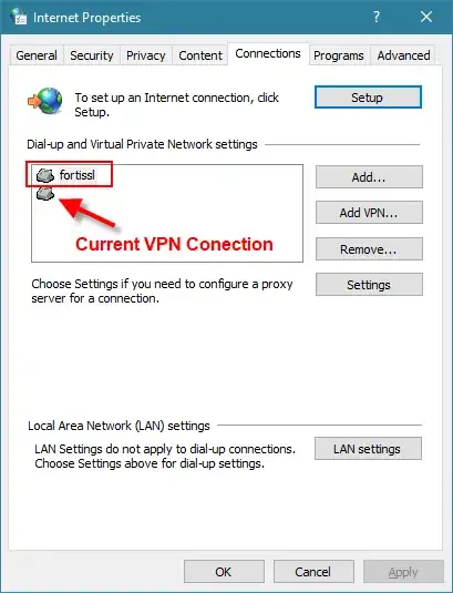 connections tab in internet options