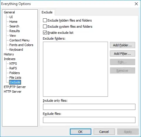 Screenshot of Everything Options screen, showing the exclude options