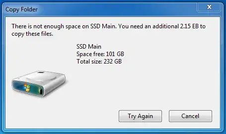 Error message: 2.15 EB needed to unzip archive
