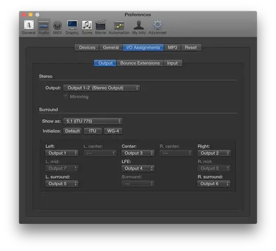 Logic Pro X's Audio preferences panel correctly configured for surround sound output