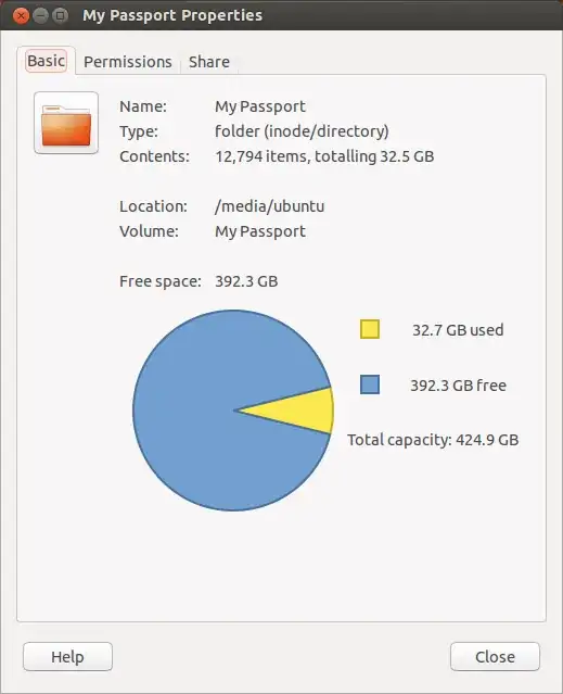 Properties page for <code>/media/ubuntu/My Passport</code> confirms this