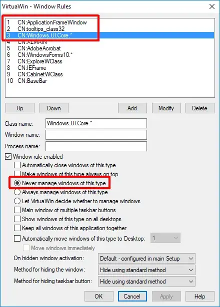 Configuration of rules. Windows 10 example.