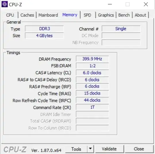 CPU-Z showing single channel with 1 pair of modules in 1 Group of DIMMs