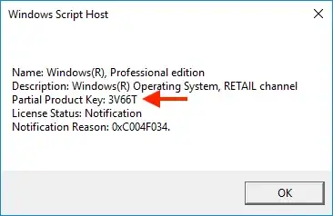 Windows Script Host Window containing partial product key