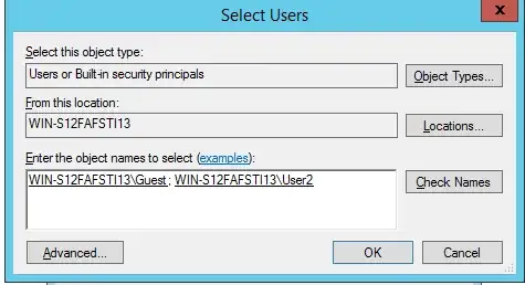 Local Users and Groups - Select Users dialog with added usernames underlined