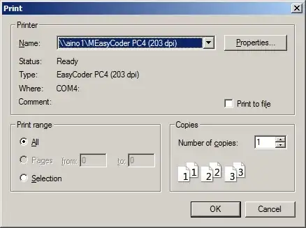 Windows printer dialog