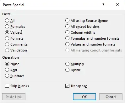 paste only values with transpose 