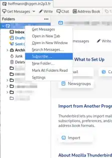 Screenshot of Thunderbird dialog with folder::subscribe item selected in drop-down menu