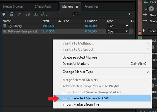 Adobe Audition screenshot showing right-click menu and "Export Selected Markers to CSV" selected.