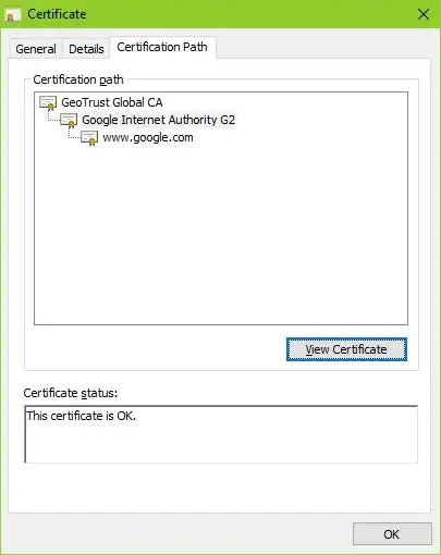 Screenshot of proper Google HTTPS security chain