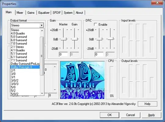 Screenshot of AC3Filter configured to output in Dolby Prologic II