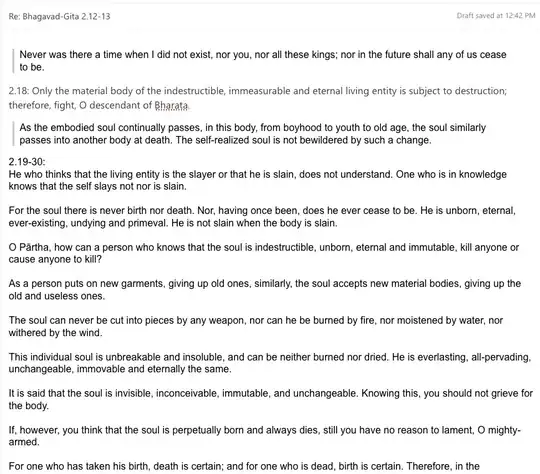 Email message showing quoted parts interspersed with unquoted inline replies in Outlook 365 OWA web app; text is quotes from Bhagavad-Gita Chapter 2