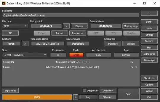Detect It Easy showing detection of curl.exe compiled with MSVC