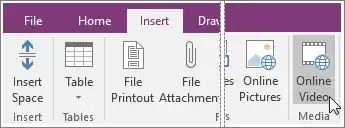 Screenshot of how to insert an embedded video into OneNote 2016.