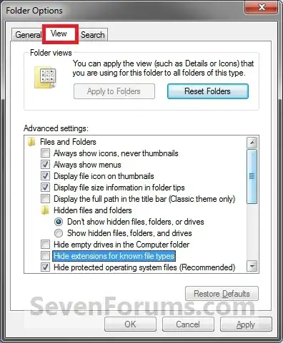 Setting Windows to show file extensions