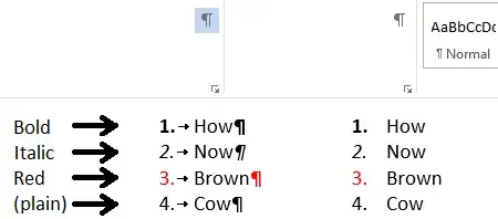numbered list in Microsoft Word, with formatted numbers