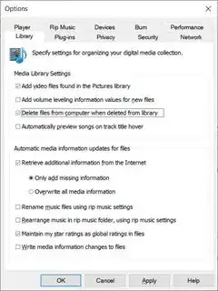 Windows media player Delete files from computer when deleted from library option