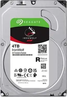 One side of the hard disk drive, with the sticker. The sticker includes the text "4 TB. IronWolf. ST4000VN006."