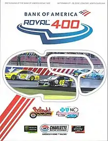 The 2019 Bank of America Roval 400 program cover, featuring the finish of last year's race between Jimmie Johnson, Martin Truex Jr., and last year's winner Ryan Blaney.